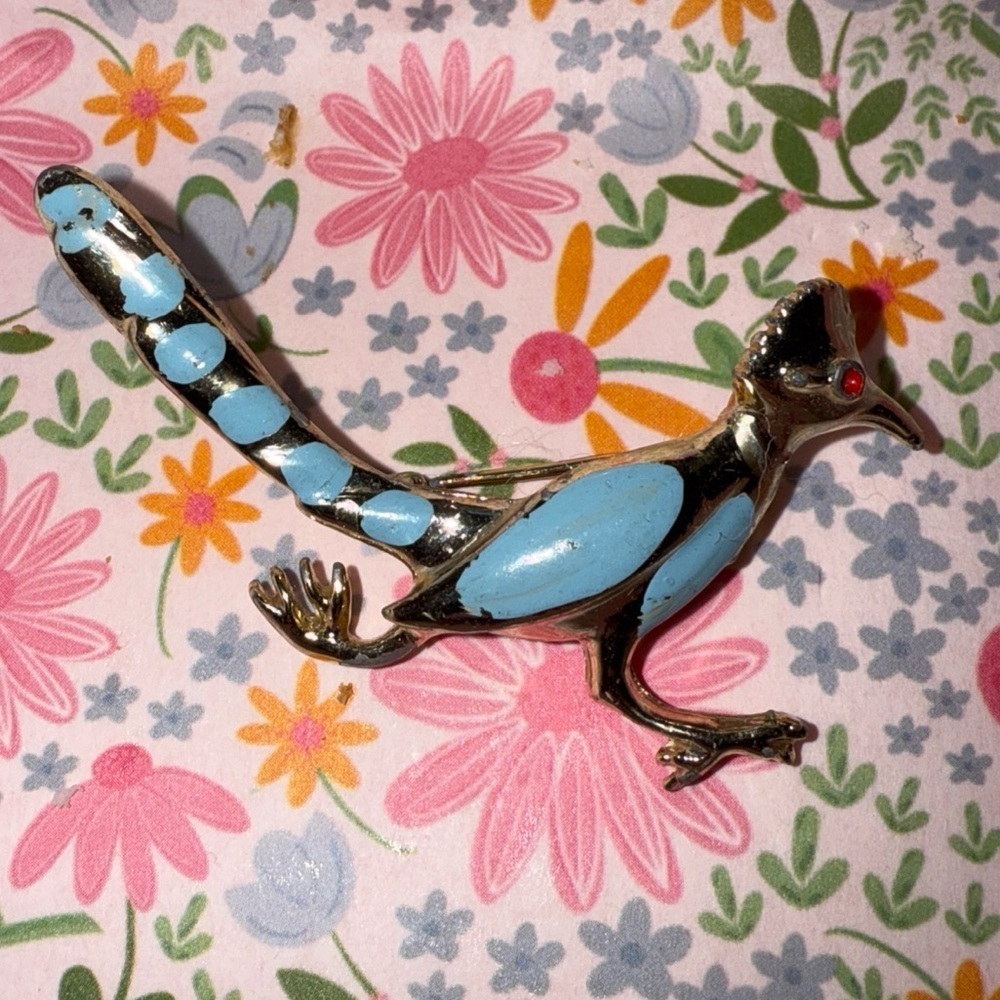 Vintage Blue and Silver Road Runner Bird Brooch Pin